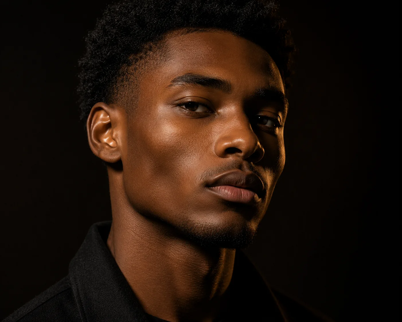Portrait of a young man with sculpted cheeks in low golden light