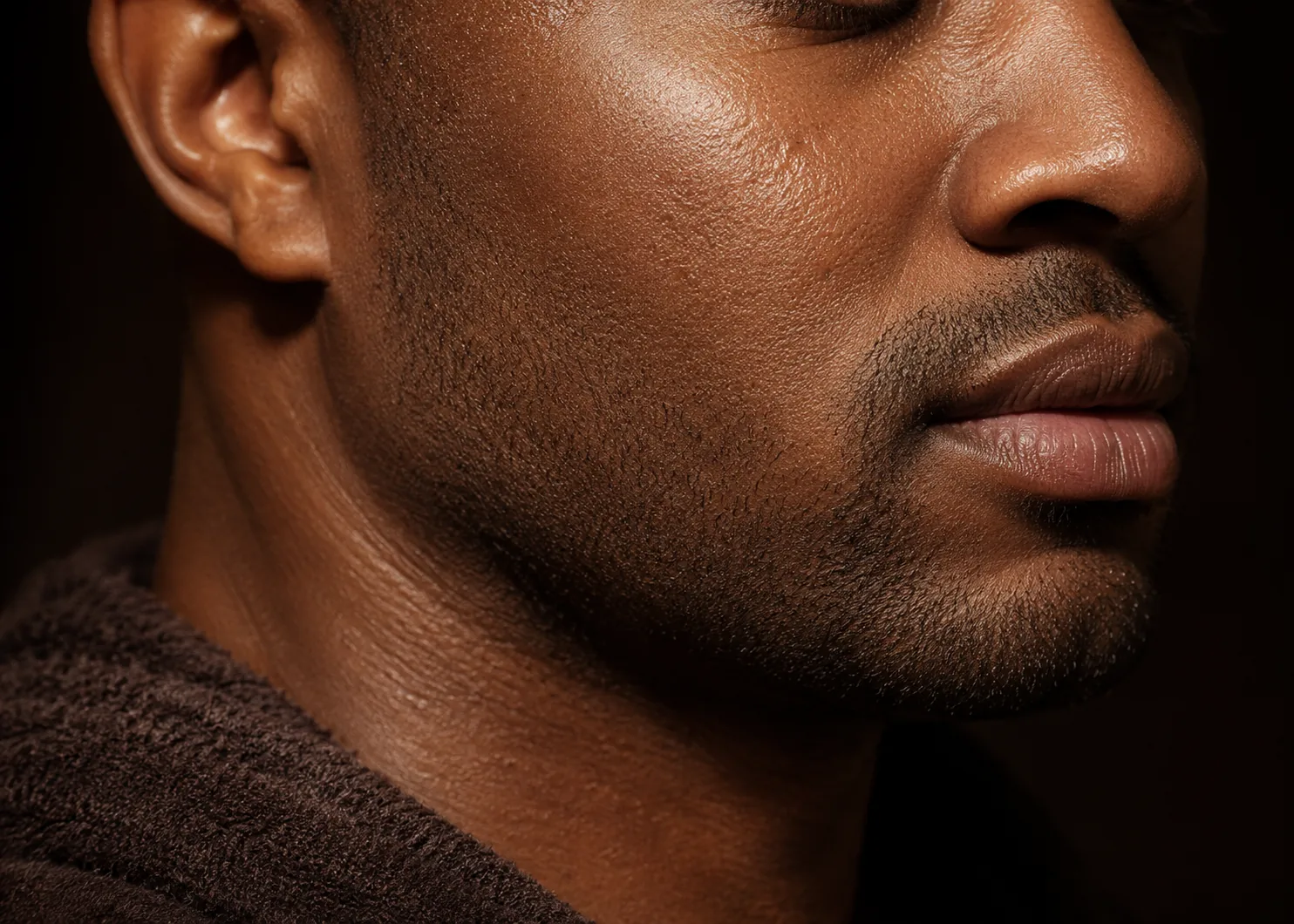 Close side view of a man's cheek and beard line with even skin tone
