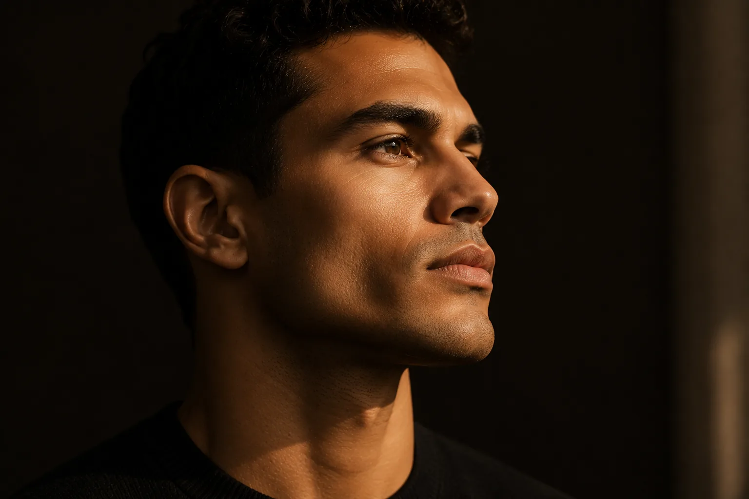 Profile of a man with a defined chin and jawline, uplit against a dark backdrop