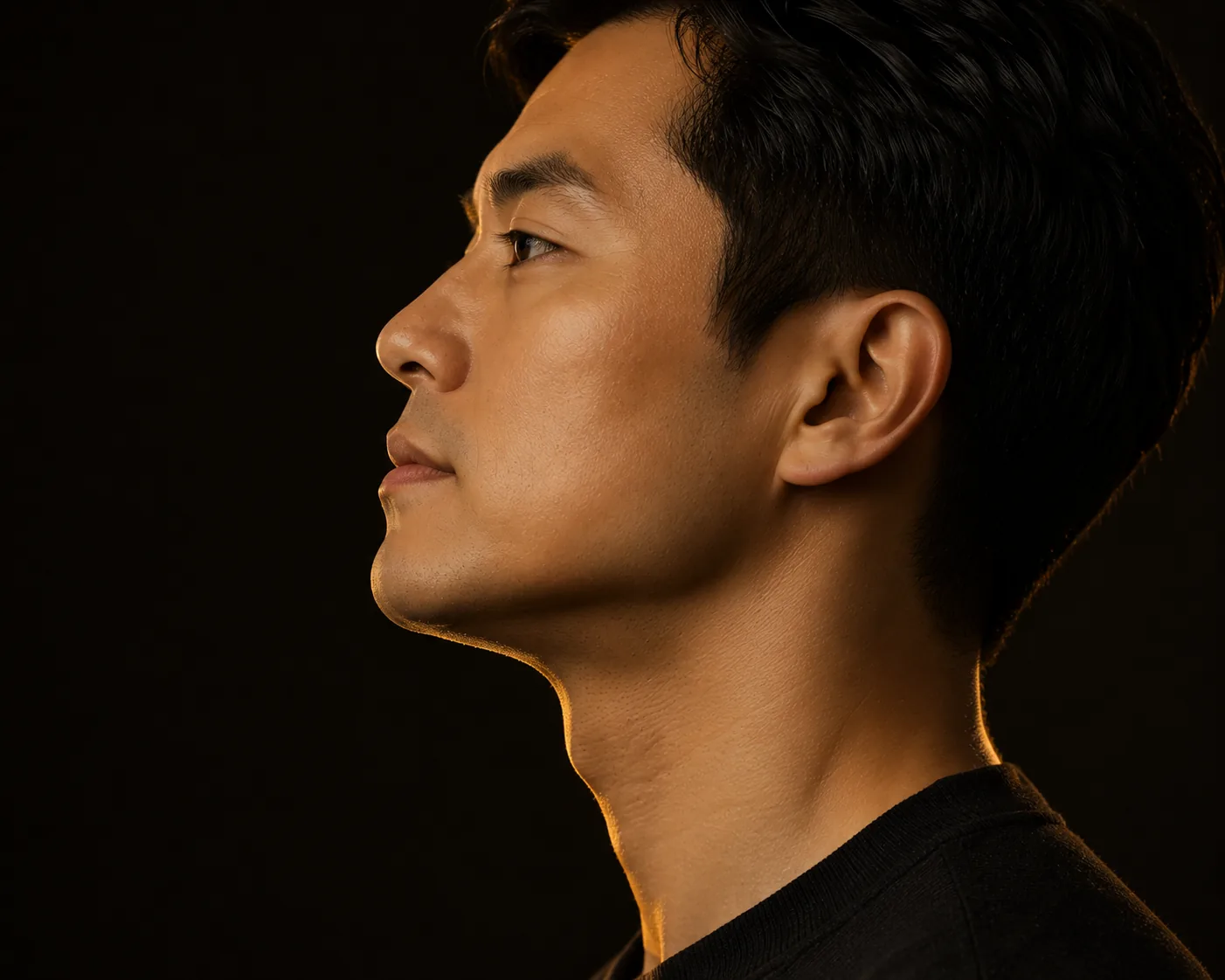 Clean profile of a man's chin and neckline rim-lit in gold against black