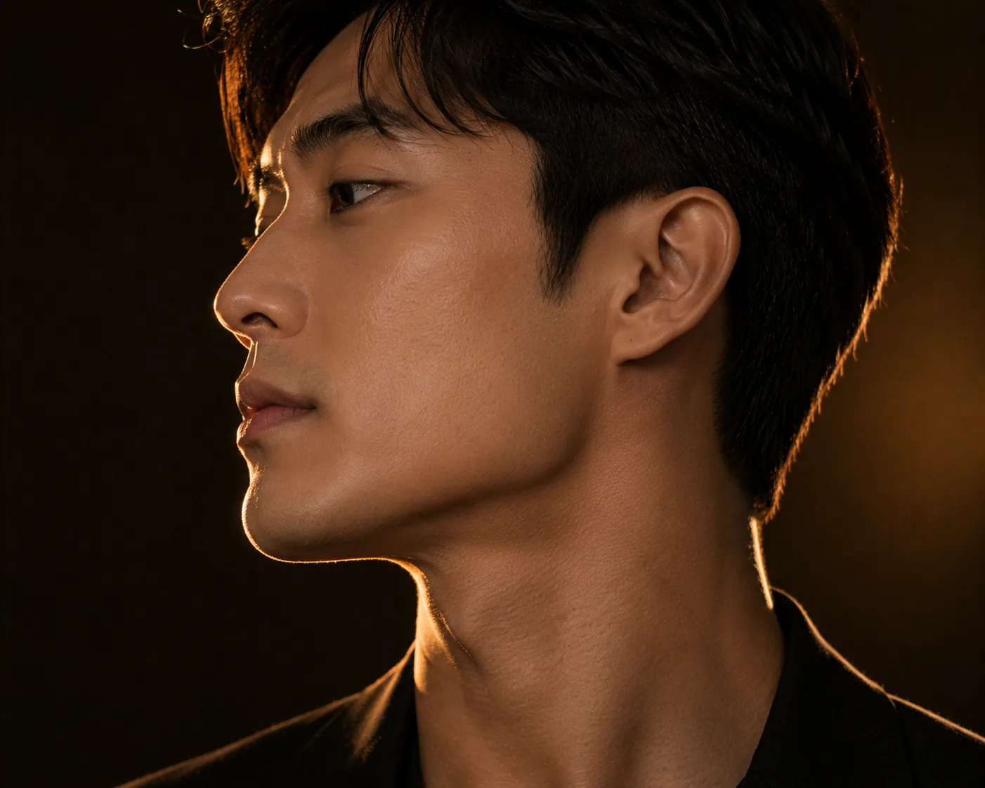 Profile of a man with a defined jaw and chin against a dark backdrop