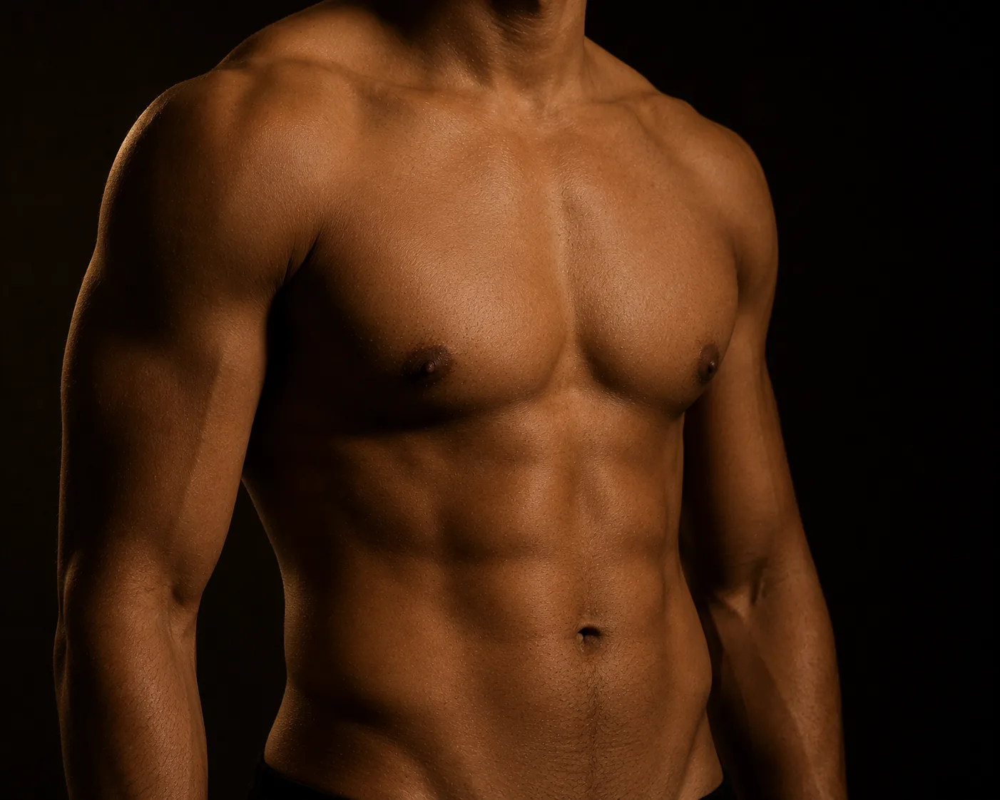 A bare-chested man with a flat, contoured chest in warm directional light