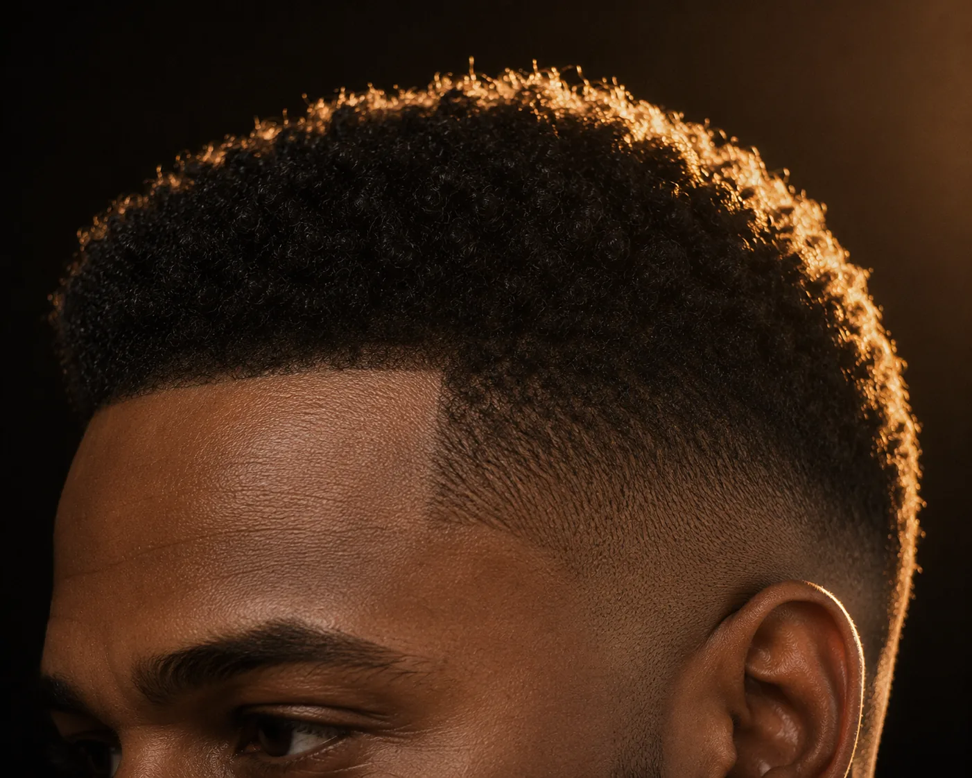Close view of a man's dense, sharp hairline lit from behind in warm gold