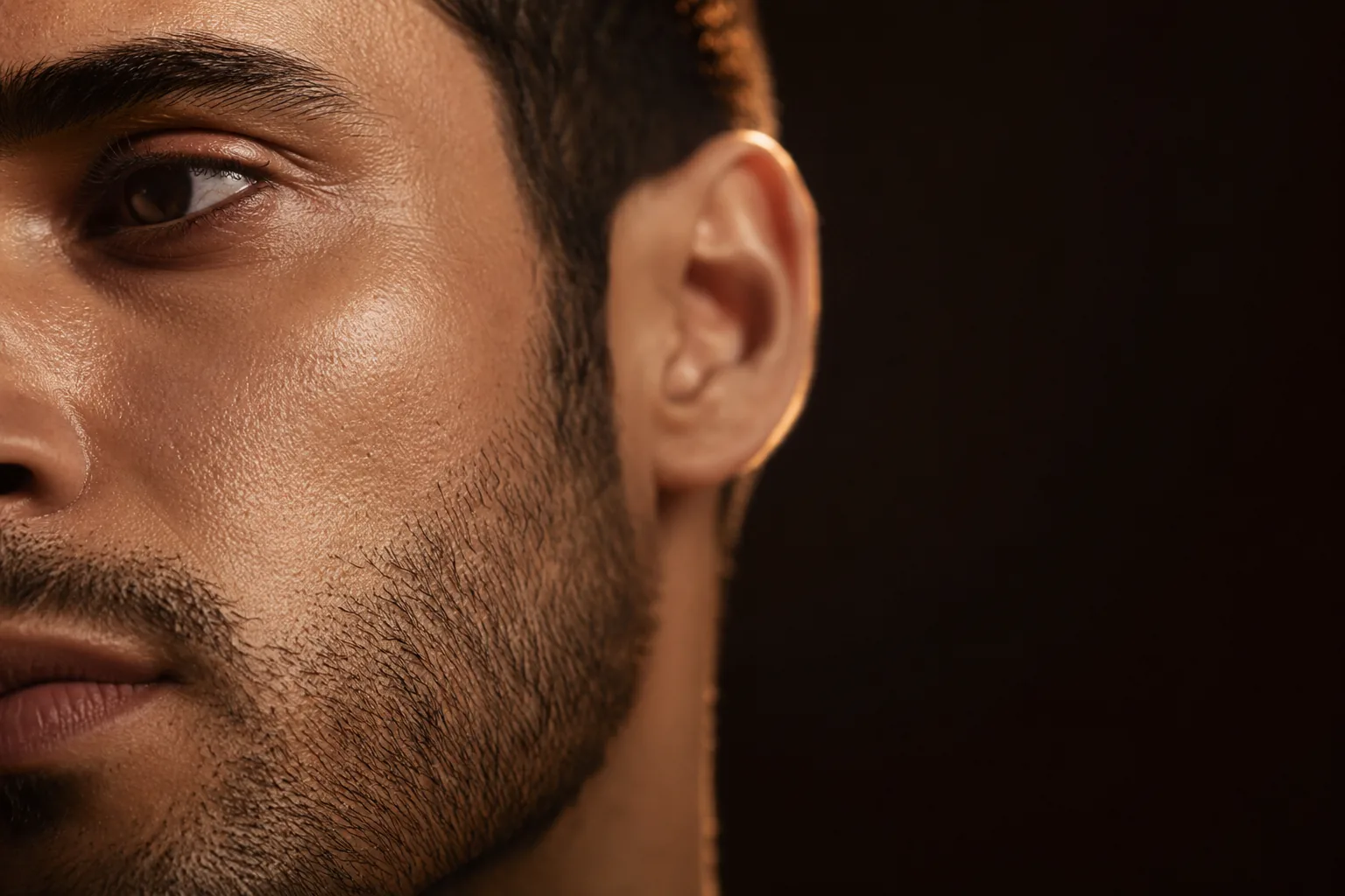 Close portrait of a man's eye and cheek with even skin in warm light