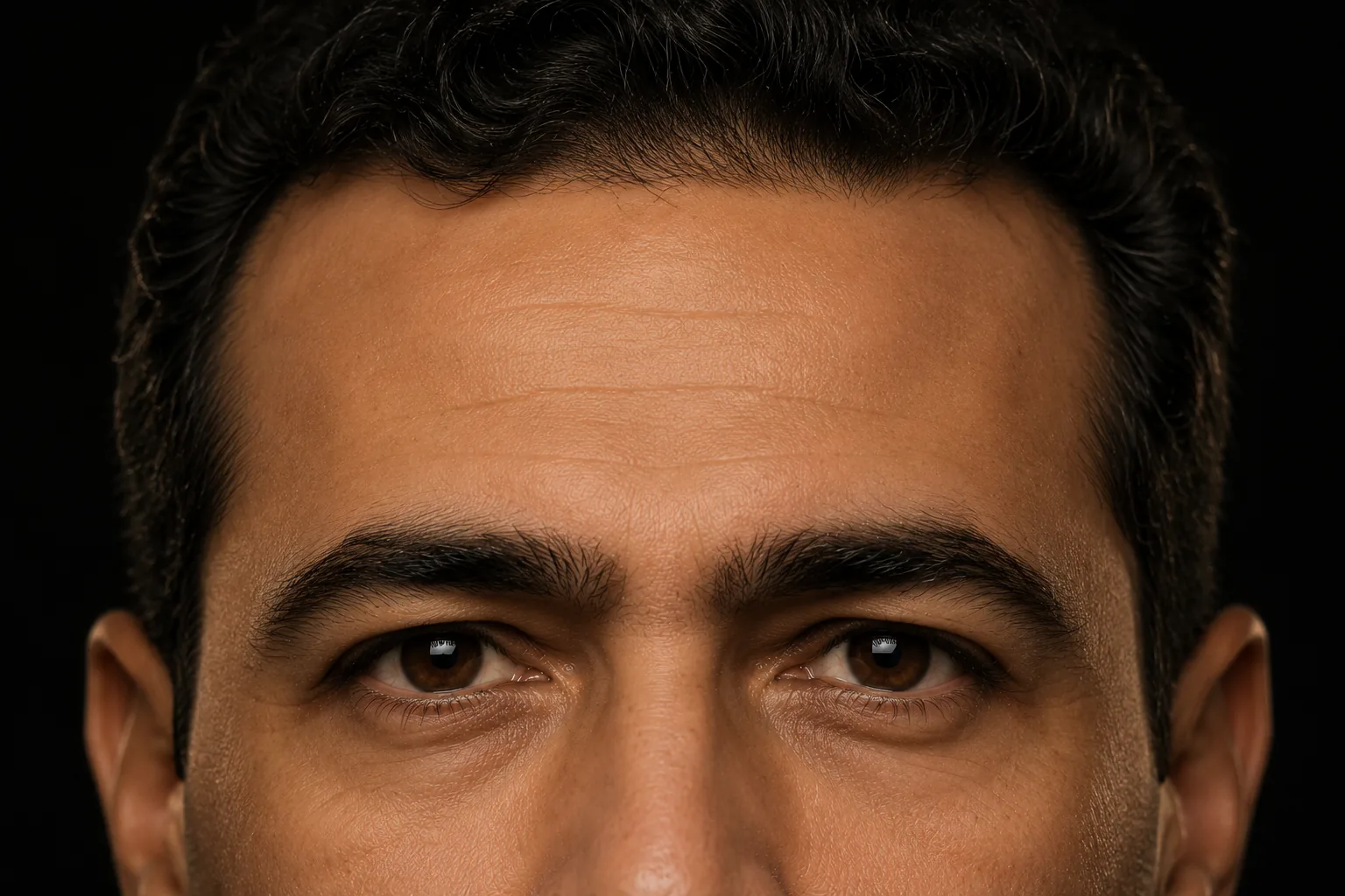 Close view of a man's forehead, brows, and eyes in warm, even light