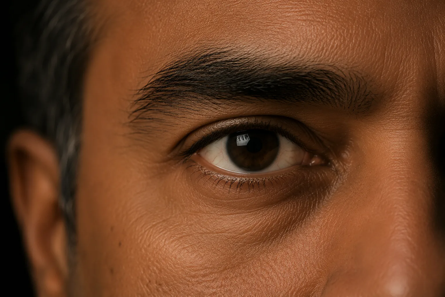 Close view of a man's eye and brow in warm directional light