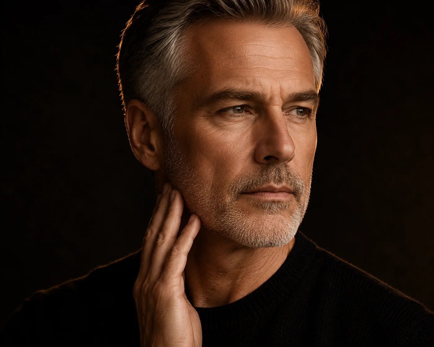 A silver-haired man resting a hand along his jawline in warm, low studio light