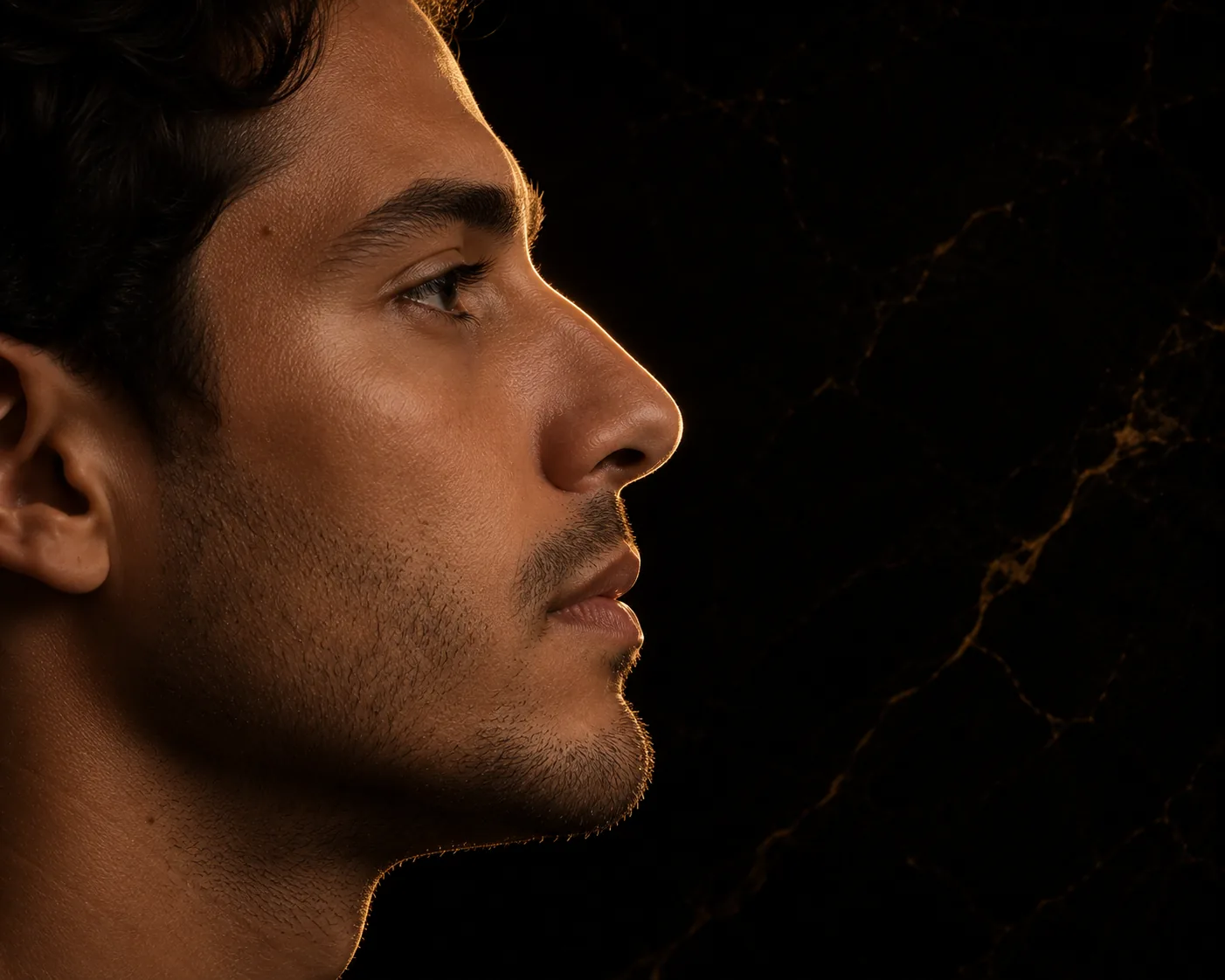Right profile of a dark-haired man against dark marble, the line of his nose lit in warm champagne light