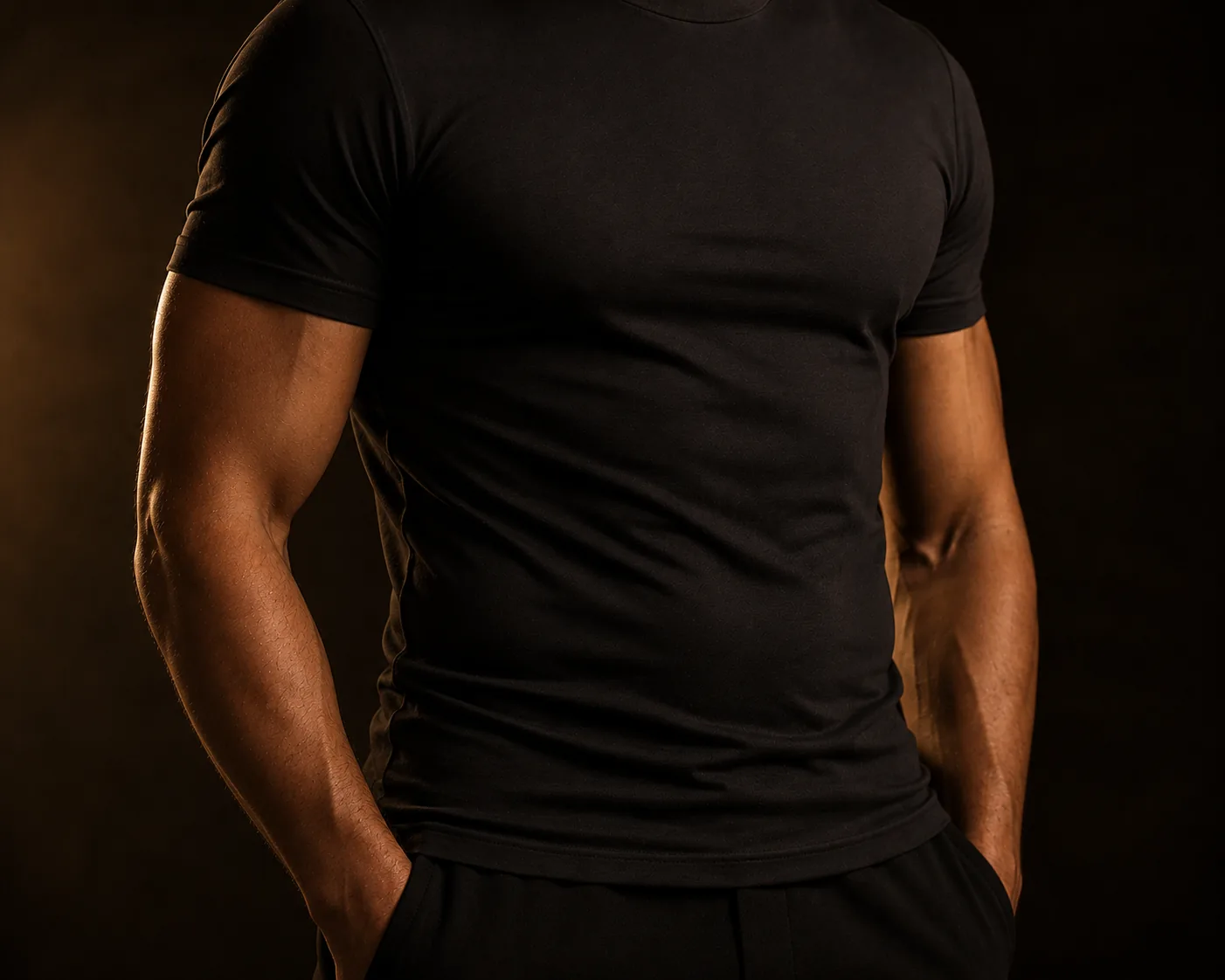 A fit man in a dark t-shirt standing relaxed with his hands in his pockets