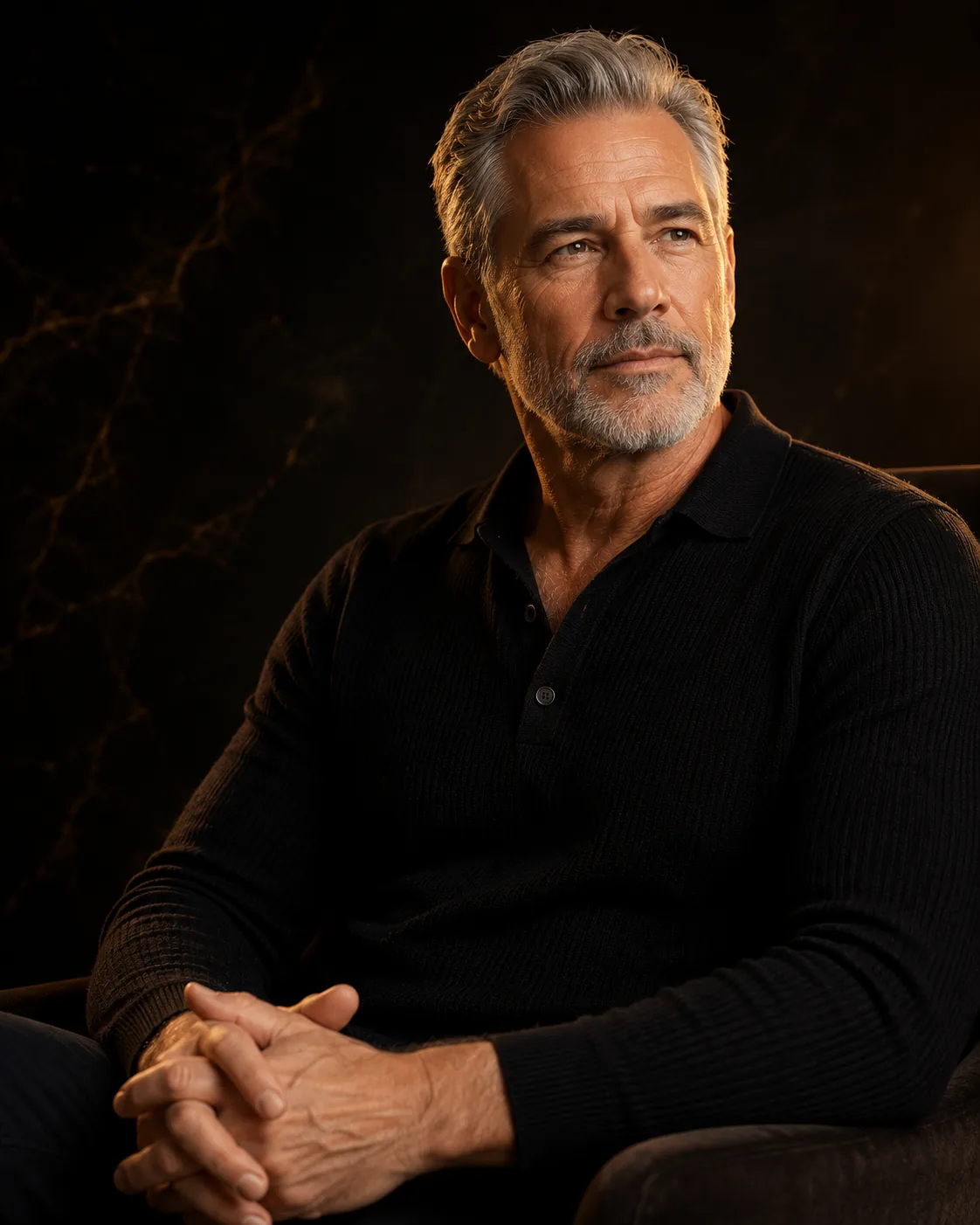A silver-haired man seated in a dark study with his hands folded, lit in warm gold