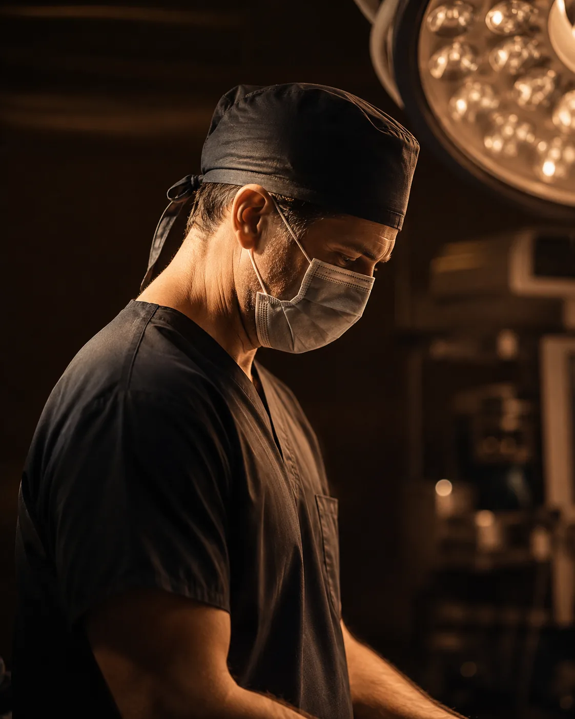 A masked surgeon in dark scrubs concentrating beneath a warm operating light